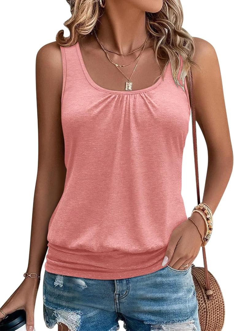 Womens Banded Bottom Scoop Neck Tank Tops Pleated Loose Fit Sleeveless Tops Summer Outfits (Large, Coral)