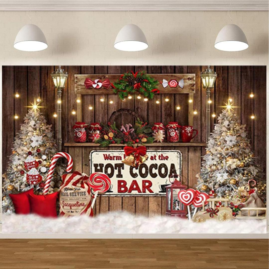 Christmas Hot Cocoa Bar Backdrop for Photoshoot Winter Snowy Retro Wooden Candy Shop Background Christmas Holiday Party Decorations Children Birthday Party Backdrop,7X5FT
