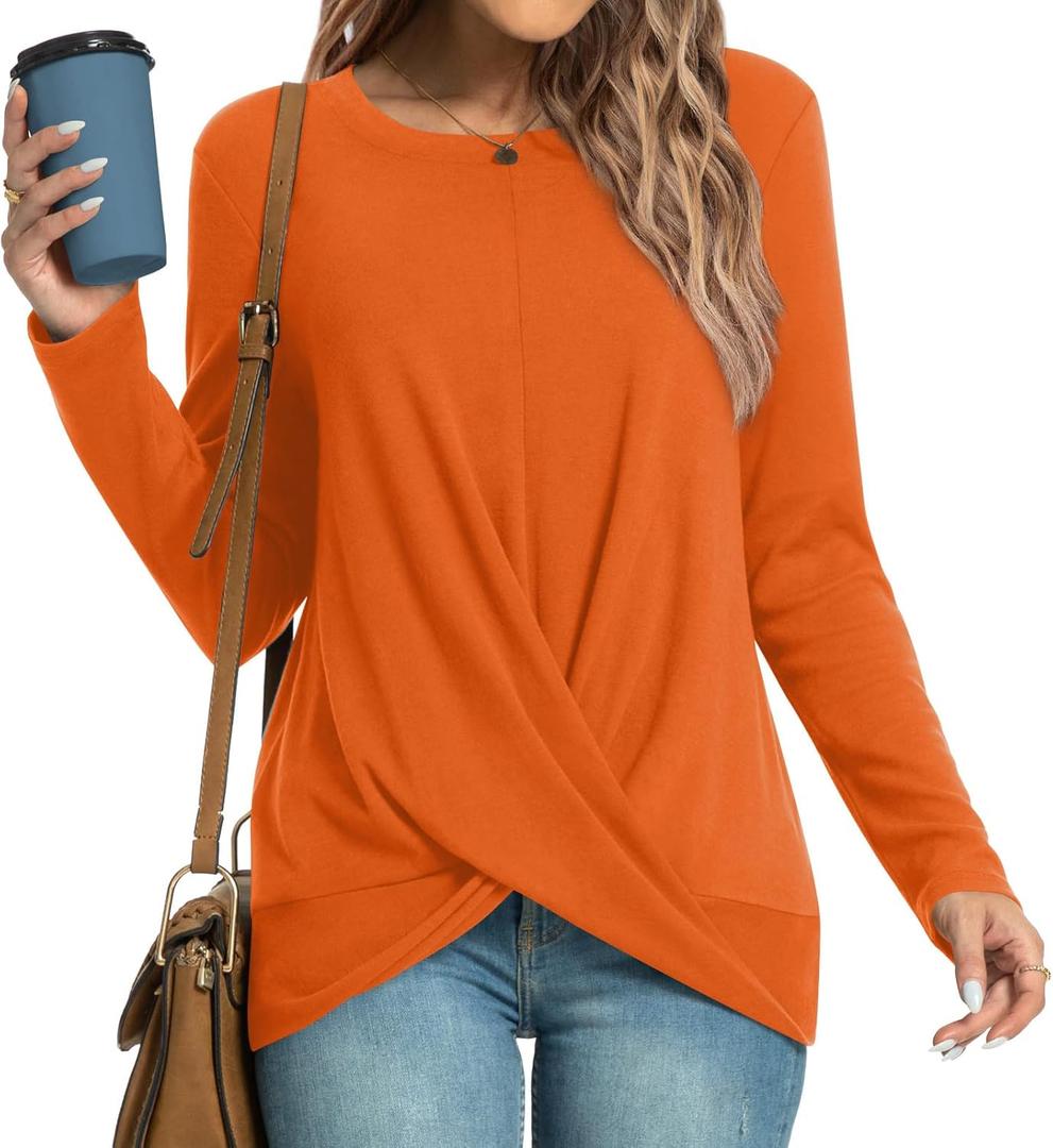 HOTGIFT Womens Tunic Tops Long Sleeve Shirts Fall Winter Casual Crewneck Sweaters Front Twist For Leggings (Orange)