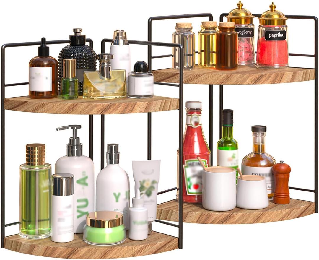 2 Pack Bathroom Counter Organizer, 2 Tier Corner Bathroom Counter Organizer Wooden Vanity Organizers for Bathroom Organizers and Kitchen Storage Dresser Decoration