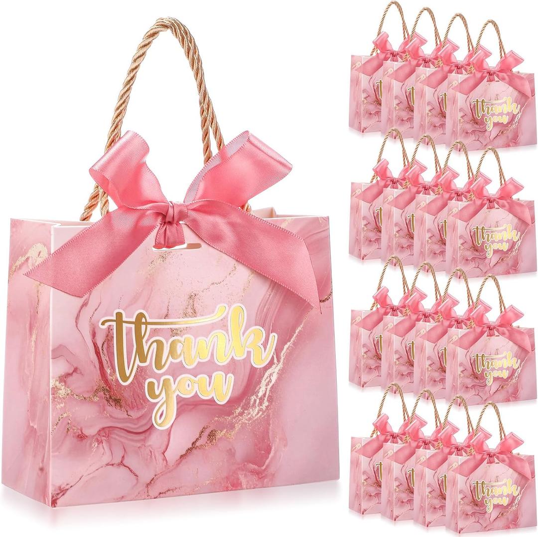 AmazingSpark 40 Pack Small Thank You Gift Bags with Handles 5.5 x 2.4 x 4.7 Inches Mini Gift Bags Bulk with Bow Ribbon Paper Marble for Party Favor Wedding Bridal Shower(Pink)