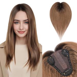 Benehair Hair Toppers for Women Real Human Hair 100% Remy Human Hair Pieces for Women with Thinning Hair 8 * 10cm Lace Silk Base 12 Inch 35g Clip in Hair Extension Ombre Light Brown