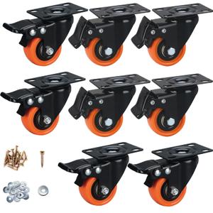2" Caster Wheels, Casters Set of 8 Heavy Duty - ASRINIEY Orange PU Castors, Top Plate Swivel Wheels, 8-Pack Industrial Casters with Brake, Locking Casters for Furniture and Workbench