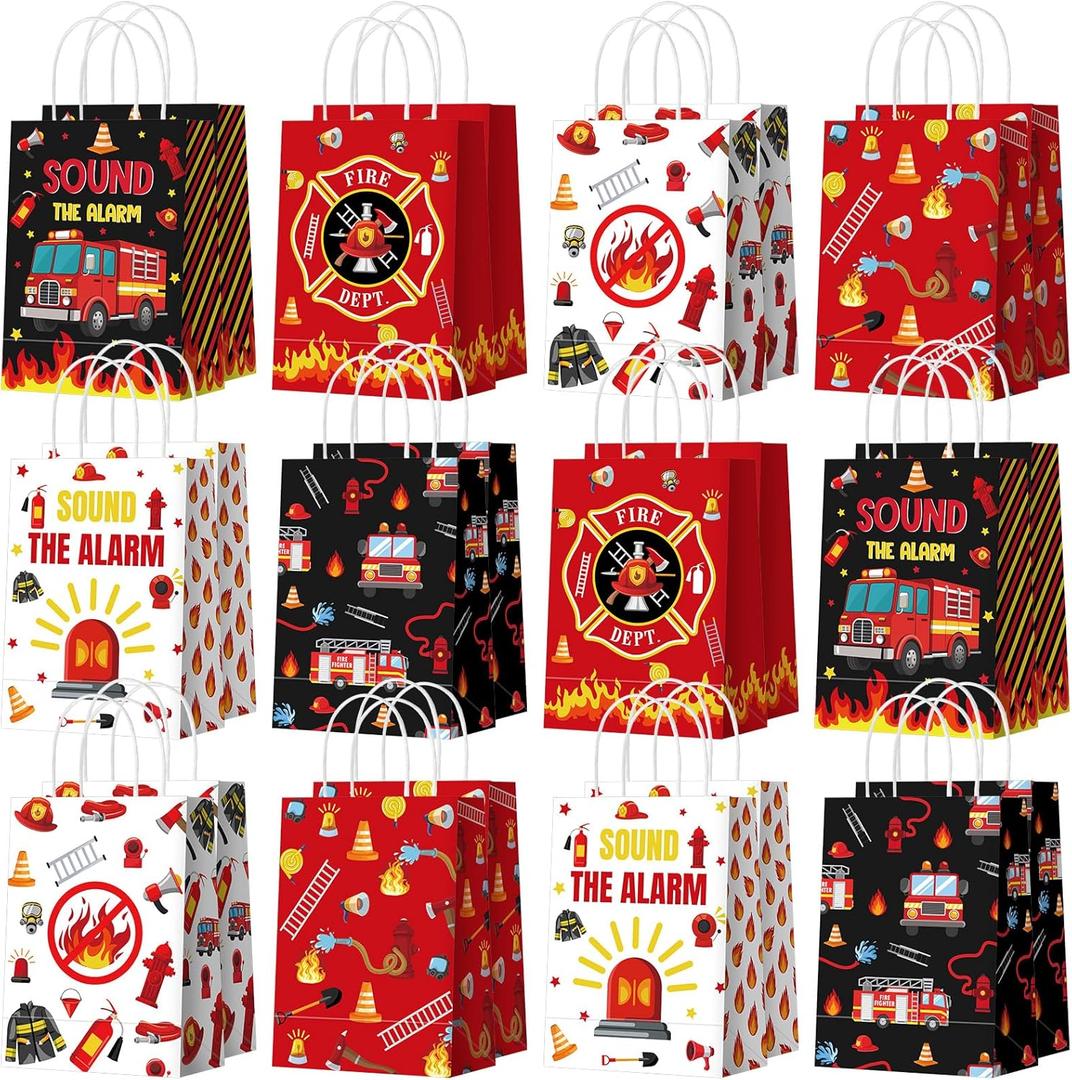 Zhanmai 24 Pcs Firetruck Party Favors Gifts Goodie Bags with Handles Firefighter Candy Treat Paper Bags Fire Extinguisher Truck Sound the Alarm Birthday Party Supplies