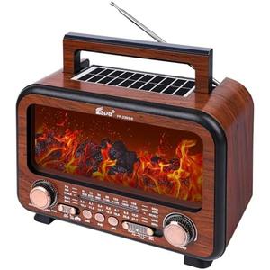 T.TAOMI Retro Portable Radio AM FM SW Shortwave Radio with Bluetooth Speaker,Flame Atmosphere Lamp Battery Operated,SUB Charging, TF Card (Wood Tone)