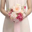 Ling's moment Pink Artificial Wedding Flower Bouquets for Bridesmaids Blush Floral Bouquet Hot Pink Bridesmaids Bouquets with Ribbon Ceremony Anniversary,7-inch Diameter