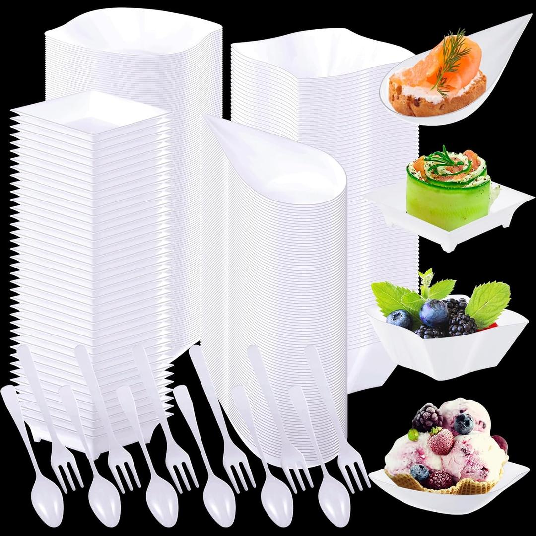 Tessco 800 Pcs Mini Appetizer Plates Set Including 400 Disposable Dessert Plates Assorted Shape 200 Mini Plastic Forks 200 Plastic Spoons for Party(White,Classic)