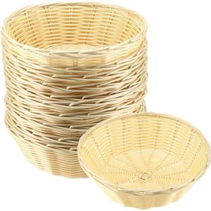 20 Pack Wicker Bread Basket, 7.8 Inch Handwoven Round Plastic Wicker Bread Baskets Bulk Small Food Serving Baskets for Kitchen, Bakery, Party and Christmas, Beige