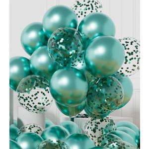 AULE Party Balloons Pack of 42 - Metallic Green Balloons & Confetti Balloons and 64ft Ribbons - 12 Inch Teal Green Balloon Decorations Set