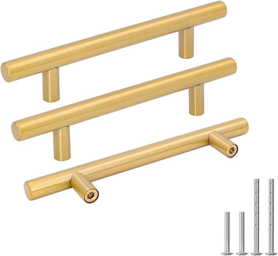 goldenwarm 5pcs Brushed Brass Cabinet Pulls 4in Gold Kitchen Drawer Handles Drawer Pulls - Modern Hardware Knobs for Cupboard Bathroom Cabinet Door Handles (4in Hole Centers)