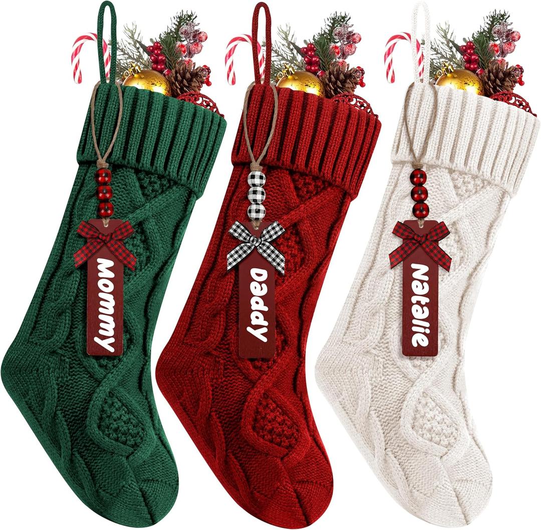3Pack Personalized Christmas Stockings with Wooden Name Tags, 18 inches Xmas Cable Knitted Stocking for Holiday, Hanging Decoration Gifts for Family Party(White&Red&Green)