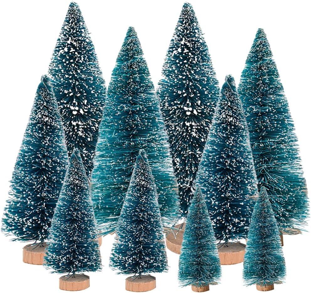 Yahpetes Christmas Trees 10 Pcs Bottle Brush Christmas Trees 5 Size Artificial Christmas Sisal Snow Frost Trees Pine Trees with Wood Base for Tabletop Christmas Party Home Indoor Decor (Blue Green)