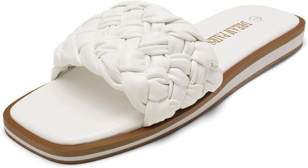 DREAM PAIRS Women's Square Open Toe Slide Sandals Cute Slip on Braided Slides Flat Sandals for Summer (12, White/Weave)
