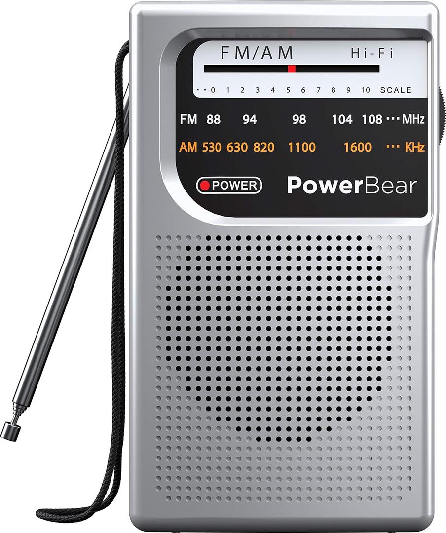 PowerBear Portable Radio | AM/FM, 2AA Battery Operated with Long Range Reception for Indoor, Outdoor & Emergency Use | Radio with Speaker & Headphone Jack (Silver)