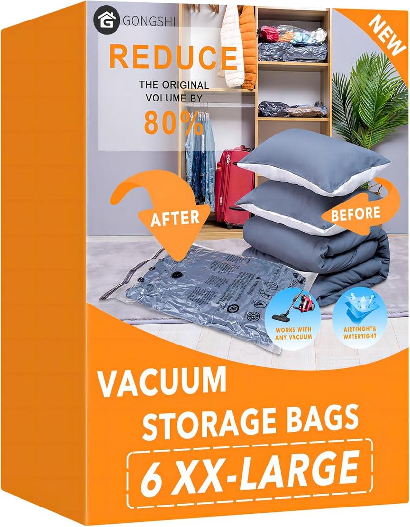 6 XX Large Vacuum Storage Bags, Space Saver Sealer Compression Bags for Blankets, Comforters, Pillows, Clothes Storage