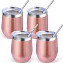 Volhoply 12oz Stainless Steel Wine Tumbler with Lid Bulk 4 Pack,Double Wall Vacuum Stemless Wine Glasses,Reusable Metal Travel Coffe Mug with Straw,Insulated Cup Gifts for Christmas Rose Gold,4 Set
