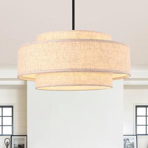 Black Modern Chandelier 20'' Linen Drum Chandeliers with 3 Layer Fabric Lampshade Pendant Light Fixture 4-Light Farmhouse Chandeliers for Dining Room Bedroom Kitchen Hallway Foyer