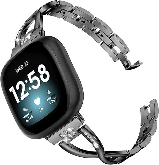 Wearlizer Metal Band Compatible with Fitbit Versa 4/Versa 3/Sense/Sense 2 Bands for Women, Dressy Stainless Steel Bling Rhinestone Link Bracelet Wristband Replacement Strap, Black
