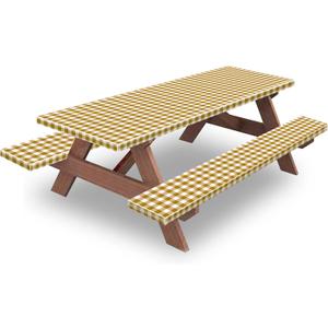 KENOBEE 6ft Picnic Table and Bench Cover, Camping Essentials RV Gear, 72 in Waterproof Windproof Outdoor Elastic All Around Tablecloth, Fitted Rectangle Tables and Seats, Coffee-White Checkered 