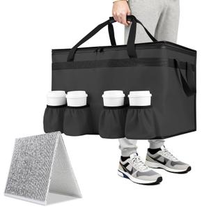 CIVJET Insulated Food Delivery Bag with 4 Cup Holder and Bottom Support, XXX-Large Insulated Grocery Bags Keep Food Hot/Cold, Cooler Bags with Drink Carrier, Food Carrier Catering Bag for Events,Black
