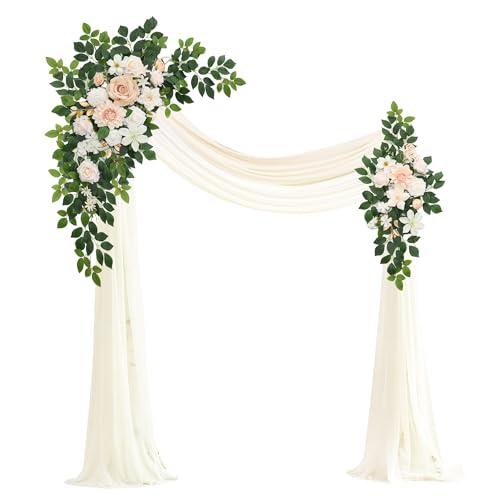 Muhanjia Artificial Wedding Arch Flowers Kit(Pack of 4), 2Pcs Artificial Flower Arch Decor, 2Pcs Chiffon Fabric Drapes, Ceremony Decoration, Floral Outdoor Party Decor (Champagne & Cream)