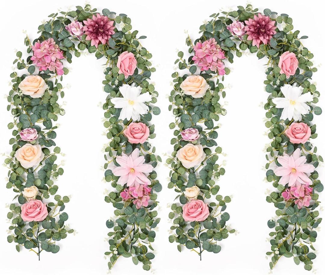 Waipfaru 2Pcs Artificial Flower Garland Decorations, 12.14Ft Eucalyptus Greenery Vines with Pink Roses for Wedding Table Runner Centerpieces Backdrop Room Decor (Pink)