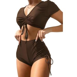 Lilosy High Waisted Tummy Control Drawstring Bikini Set Srting Swimsuit Short Sleeve Top and Tie Side Shorts 2 Piece (X-Large)