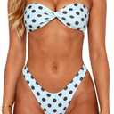 Women Bandeau Bikini Set Twist Front Strapless Tube Bikini Top High Cut Cheeky Thong 2 Piece Bathing Suit (Blue, S)