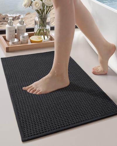 Color&Geometry Rubber Backed Waffle Bath Mat 24x16, Non Slip Machine Washable Bathroom Rugs, Soft Absorbent Chenille Boho Carpet for Bathroom Floor, Tub and Shower, Black
