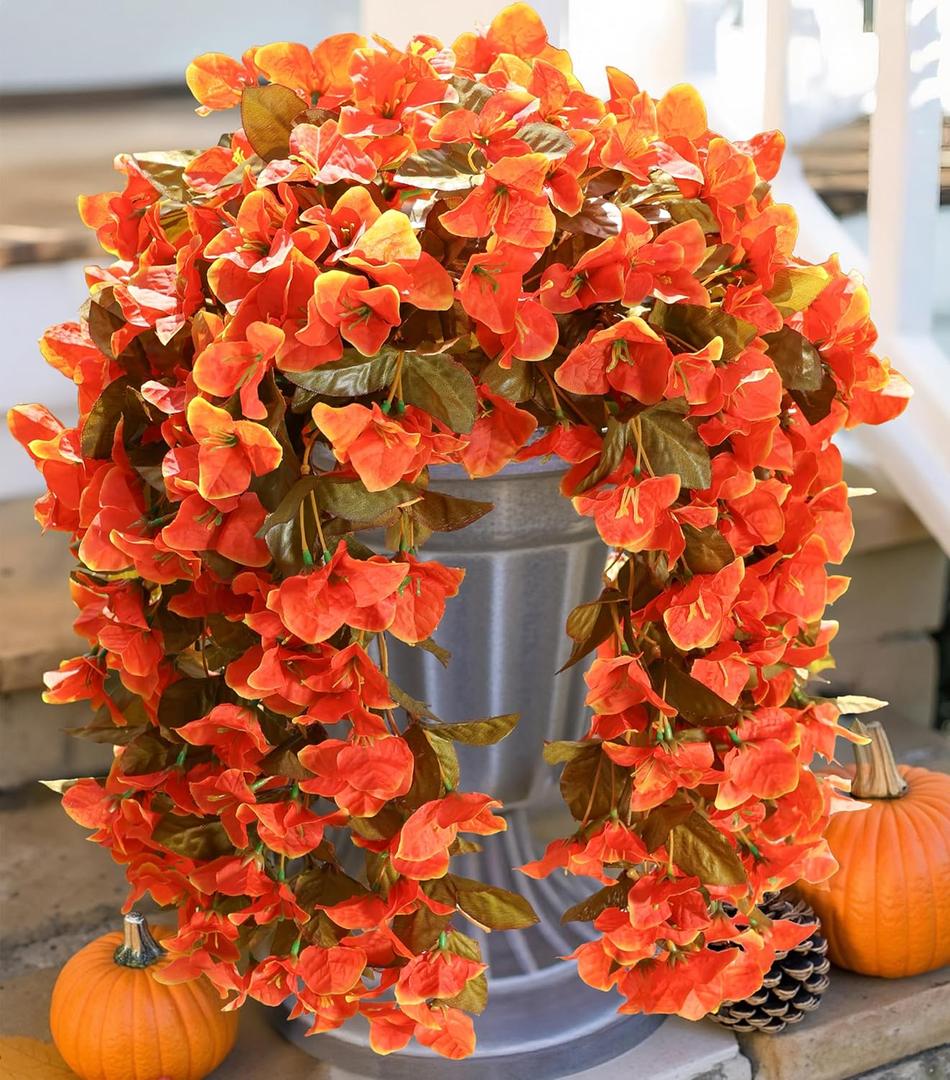 HyeFlora Bougainvillea Artificial Hanging Flowers Plants for Outdoors Winter Decoration, 2pcs Faux Bougainvillea Vines Orange Fake Flowers Realistic UV Resistant Silk Flowers for Outside Planter Yard