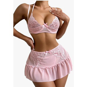 WDIRARA Women's 3 Pieces Floral Lace Bow Tie Mesh Underwire Lingerie Set with Skirt XL