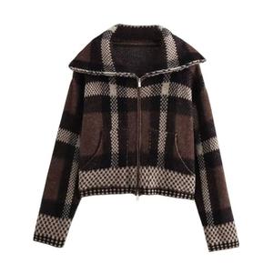 Chevara Women’s Checkered Cardigan Sweater Vintage Lapel Collar Long Sleeve Zip Up Knit Sweatshirt Jacket(0198-Brown-M-CW)