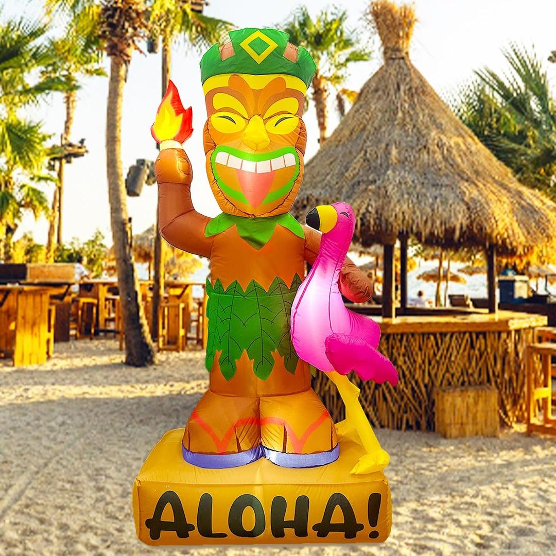 OurWarm 5FT Summer Tiki Inflatable Luau Party Decorations with Built-in 5 LED, Waterproof Hawaiian Tiki Blow Up Flamingo, Tropical Aloha Inflatable Outdoor Holiday Yard Decorations for Beach
