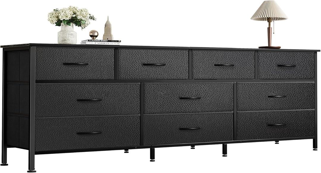 Huuger 63 Inch Dresser for Bedroom, Long Dresser with 10 Fabric Drawers, TV Stand for 55, 65, 70 Inch TV, Toy Storage Organizer for Closet, Black