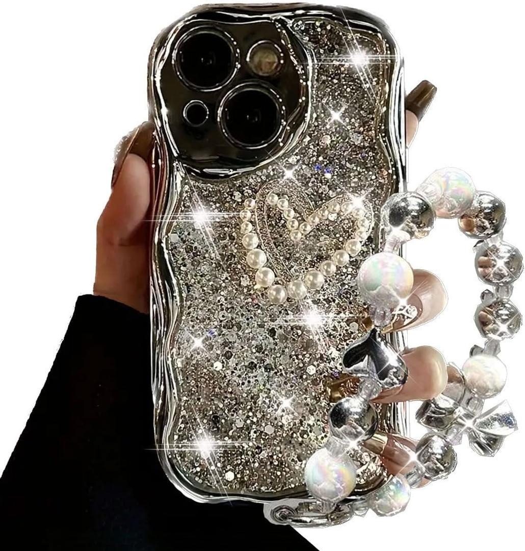 for iPhone 15 Plus Case with Beaded Marble Wrist Strap Super Sparkly Phone Case with Silvery Foil Glitter Creative Rhinestone Pearl Cute Love Heart Girly Women Phone Case for iPhone 15 Plus
