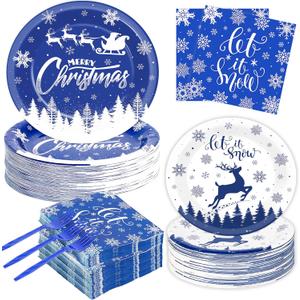 200Pcs Christmas Paper Plates and Napkins Blue Merry Christmas Tableware Set Let it Snow Reindeer Snowflakes Dinnerware Set for Xmas Party Decorations Winter Holiday Birthday Party Serve 50 Guests