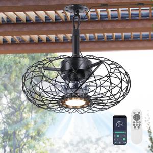 PAZALA 15" Black Outdoor Caged Ceiling Fan with Remote Light