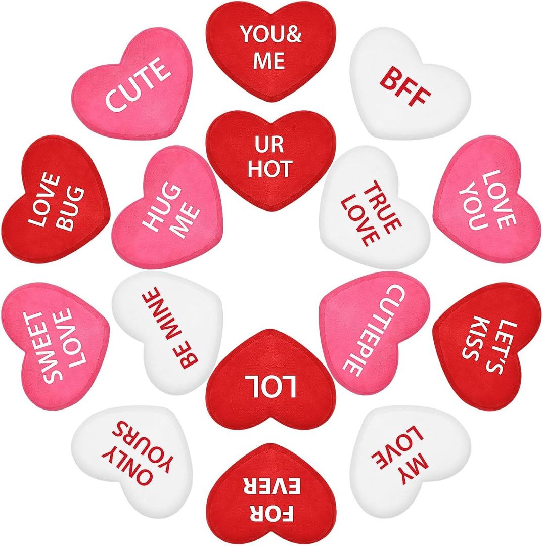 Kathfly 16 Pcs Valentine's Day Conversation Heart Plush Throw Pillows Candy Plush Conversation Hearts Valentines Stuffed Throw Pillow Decoration for Wedding Holiday Party Favors(White, Pink, Red)