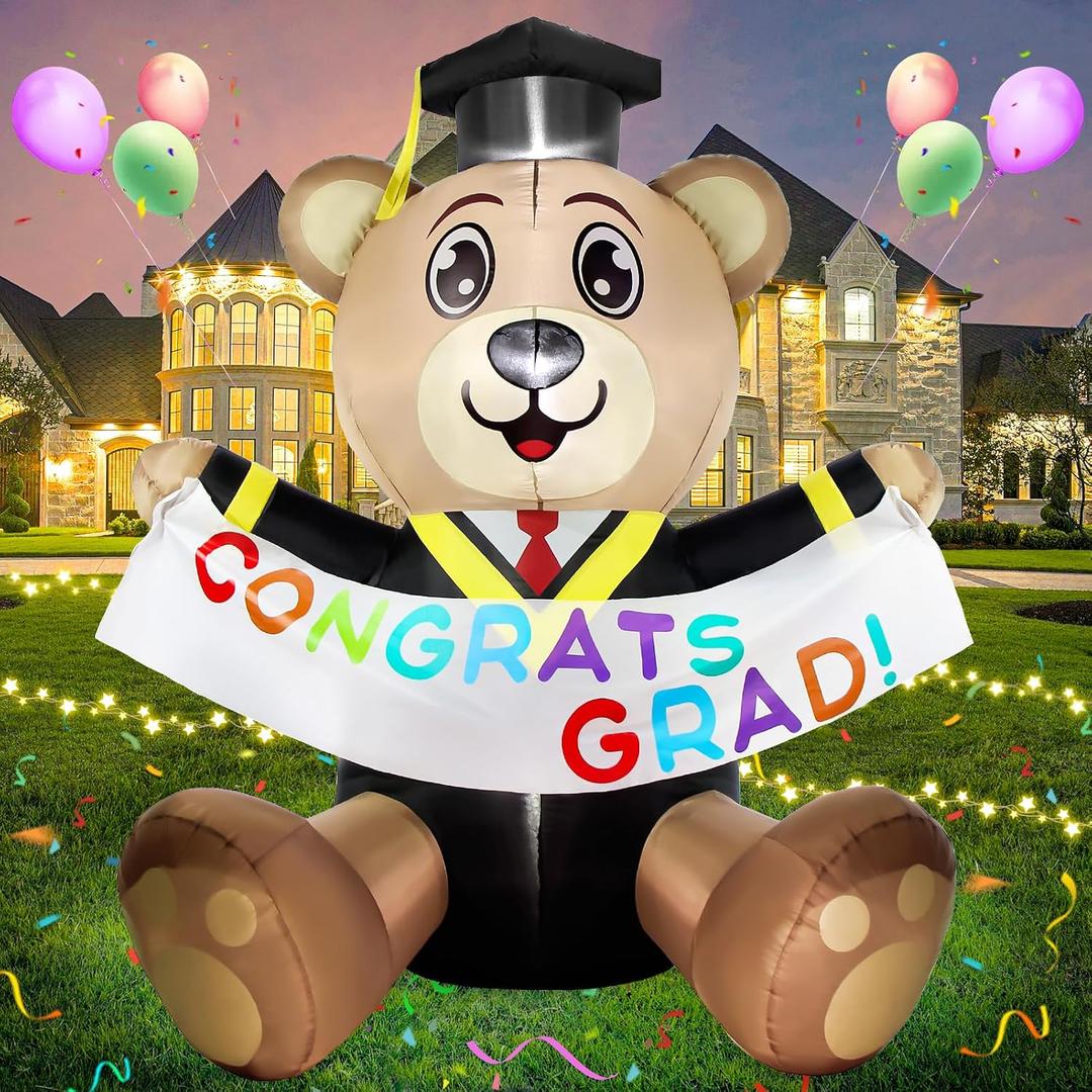 6FT Graduation Inflatable Decoration Bear Blow Up Yard Decorations Bear with LED Lights Indoor & Outdoor Vacation Yard Garden Lawn Décor Commencement Season Graduation Ceremony