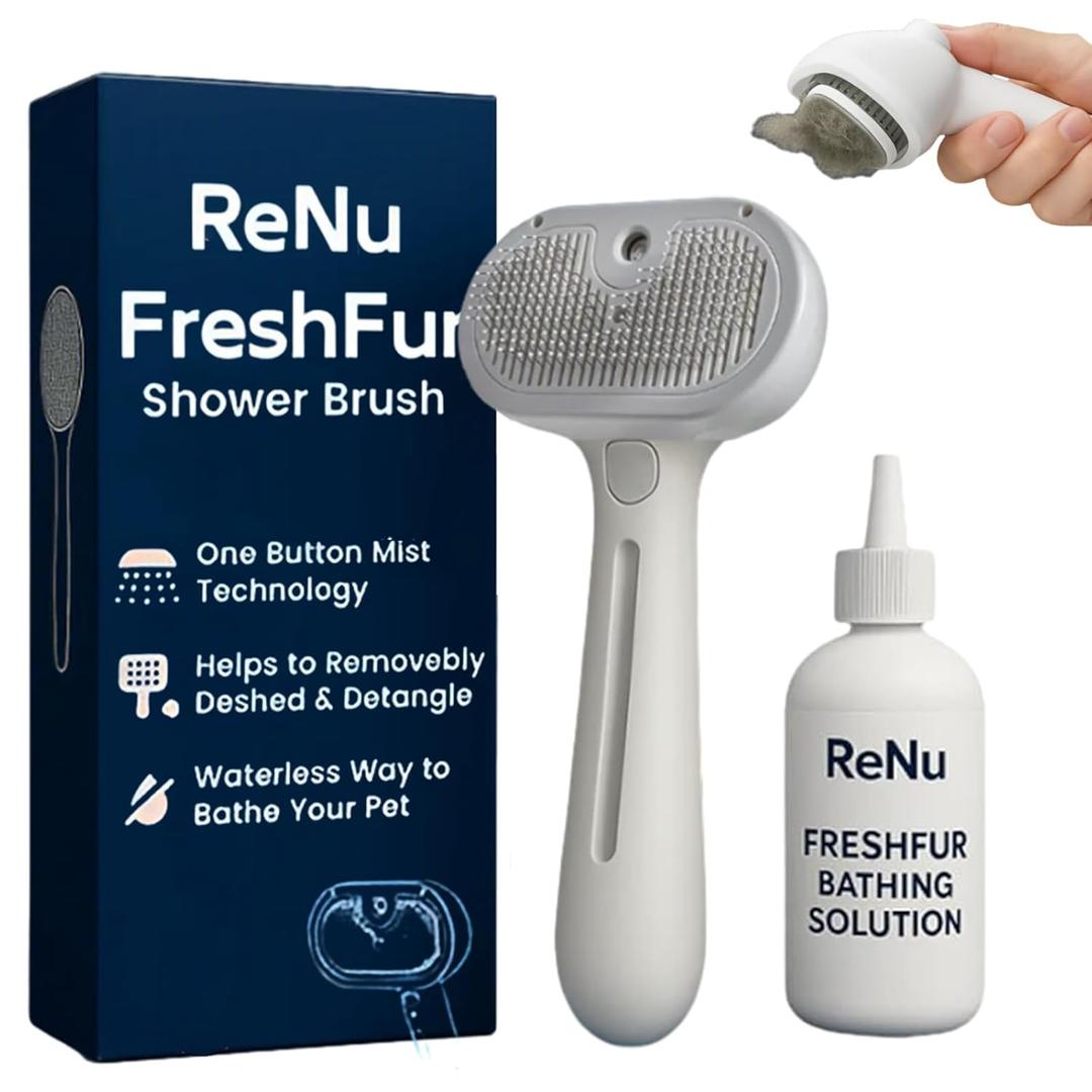 Renu Dog Brush, Renu FreshFur Dog Shower Brush + Bathing Solution, 3 in 1 Self Cleaning Steamy Pet Brushes, Dog Grooming Tool for Long & Short Hair, Removes Loose Hair Reduces Shedding (White)