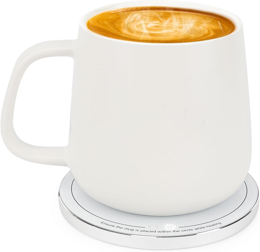 APEKX Self-Heating Ceramic Coffee Mug - Stable 130F Temperature, 15W Wireless Phone Charging, 12.8 fl oz Capacity - USB-C Enabled. (White)