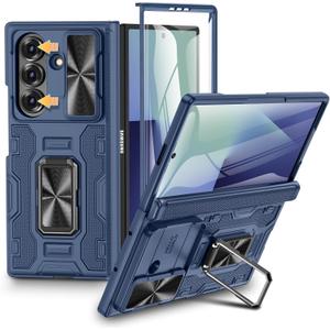 VEGO for Samsung Fold 7 Case with Hinge Protection & Slide Camera Cover [360Rotating Ring Stand][Screen Protector] Heavy Duty Shockproof Protective Hard Case for Samsung Z Fold 7 5G 2025 - Blue
