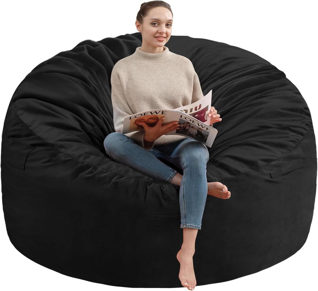 6FT Bean Bag Chair, Large Bean Bag Chairs with Memory Foam Filled, Fluffy Beanbag Sofa with Dutch Velvet Cover, Round BeanBag Chairs for Living Room, Playroom - Black (6FT- 58"x58"x25")