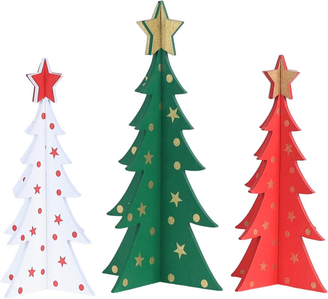 DECSPAS Christmas Decorations Indoor, 3 PCS 11 Inches Large Size Wood Christmas Trees for Centerpiece Table Decor, Wooden Xmas Tree for Winter Decor, Home, Tabletop, Mantel, Shelf, Gifts (3pcs-red, Green, White)