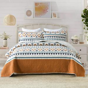 EWlinens Boho Queen Quilt Set - 100% Cotton Burnt Orange Quilts Queen Size, Bohemian Blue Lightweight Comforter Bedspread for Queen Bed, Soft Striped Geometric Quilt Bedding Set for All Season, 3pcs