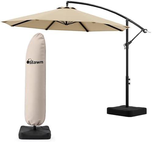 OLILAWN 10FT Cantilever Offset Patio Umbrella with Base and Umbrella Cover | Outdoor Patio Umbrella with 360° Rotation & Infinite Tilt, Yarn-Dyed Fade-Resistant Canopy, Heavy Duty 8-Rib Steel Frame