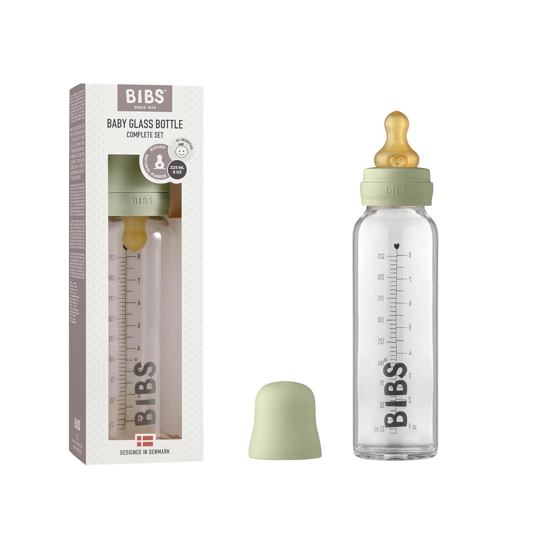 BIBS Baby Glass Bottle Complete Set 225 ml | BPA Free Natural Rubber | Made in Denmark | Sage