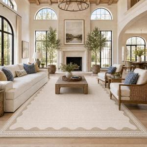 GarveeHome Scalloped Beige Washable Rugs 9x12 Rug for Living Room Non-Slip Solid Modern Minimalism 9 x 12 Rug Low-Pile Carpet for Bedroom Dining Nursery Mat with Rubber Back