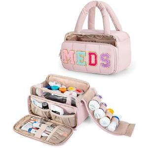 Fasrom Chenille Letter Medicine Bag, Preppy Patch Meds Bag for Travel, Pill Bottle Organizer with Puffy Handles, Portable Cosmetic Toiletry Storage Makeup Case for Women, Pink (Bag Only)
