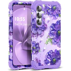 for Galaxy S25 Plus 5G Case,3 in 1 Oil Painting Flower Pattern Heavy Duty Protection Silicone Rubber Bumper+Hard Plastic Protective Cover for Samsung Galaxy S25 Plus,Purple